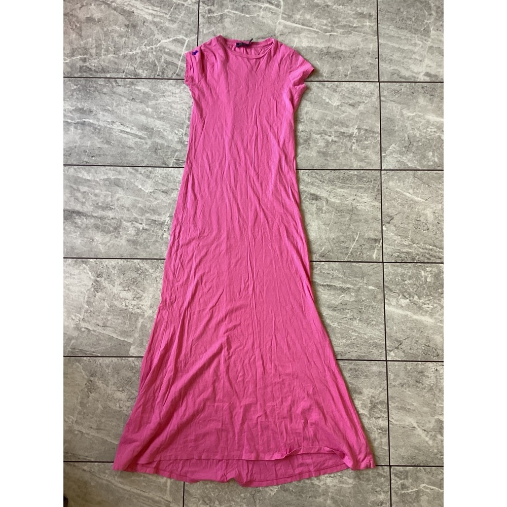 Polo Ralph Lauren Pink Cotton Jersey Short Sleeve Maxi Dress Womens XS Logo